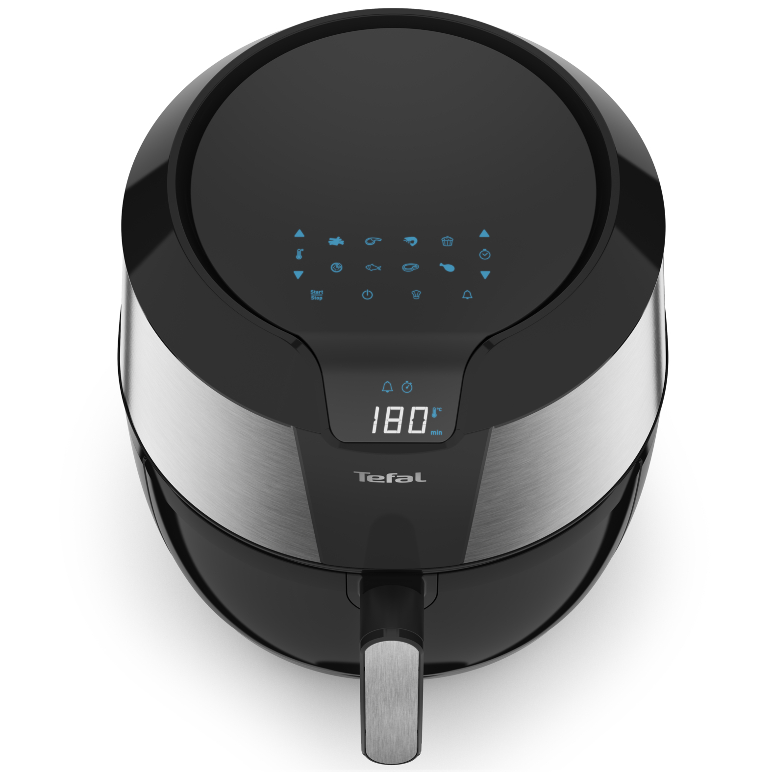 Black air fryer with silver band and digital display on a white surface.