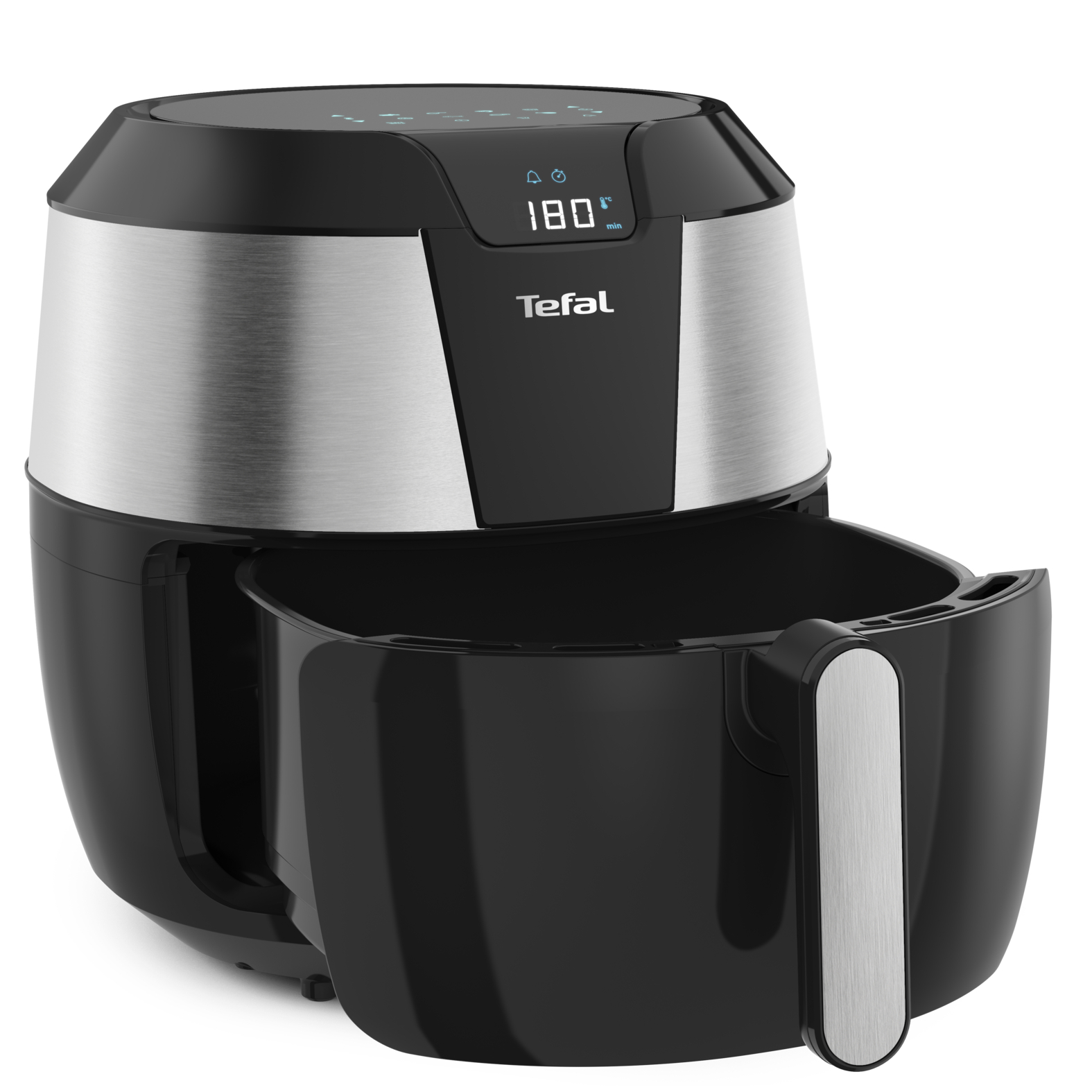 Black and silver air fryer. Tefal brand logo visible, temperature display is on.