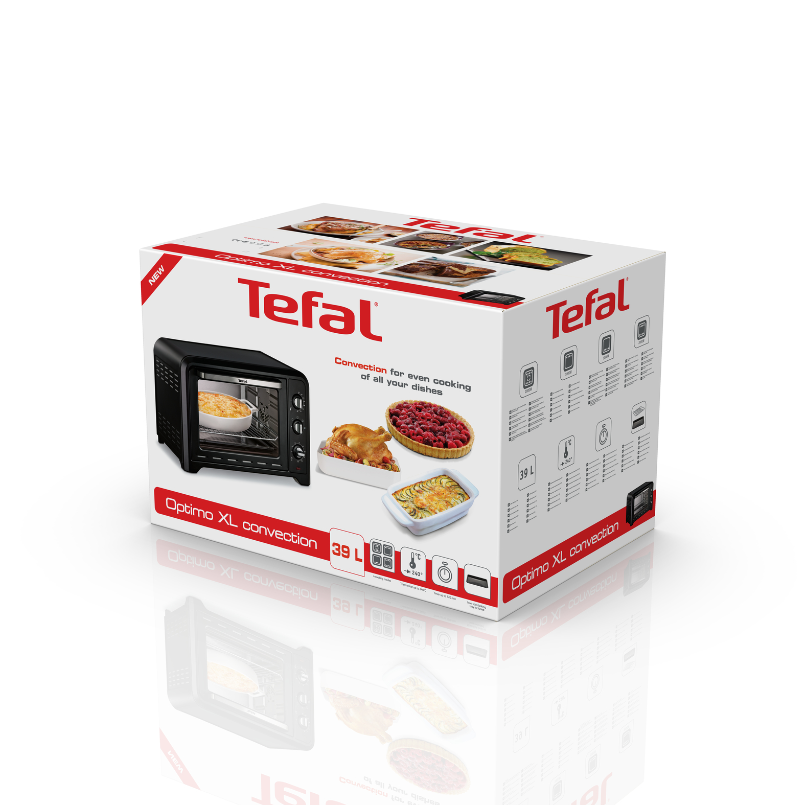 Tefal Optimo XL heteluchtoven doos met oven afbeelding en graphics.