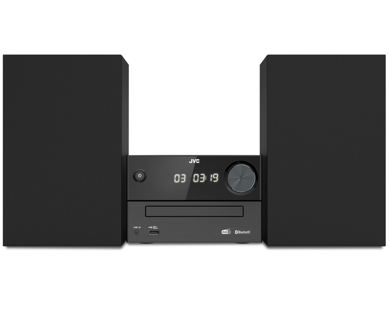 Schwarzes JVC-Stereosystem mit CD-Player, Knöpfen und Display; weißer Hintergrund.