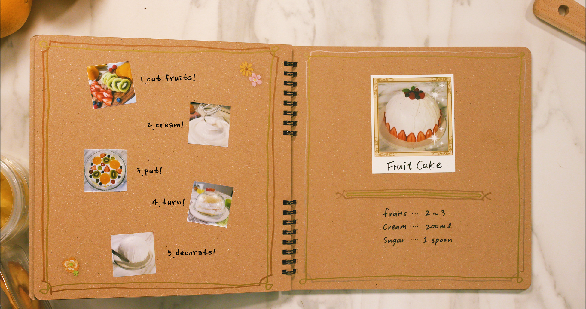 Open scrapbook with photos and handwritten notes. Ingredients list for a fruit cake.