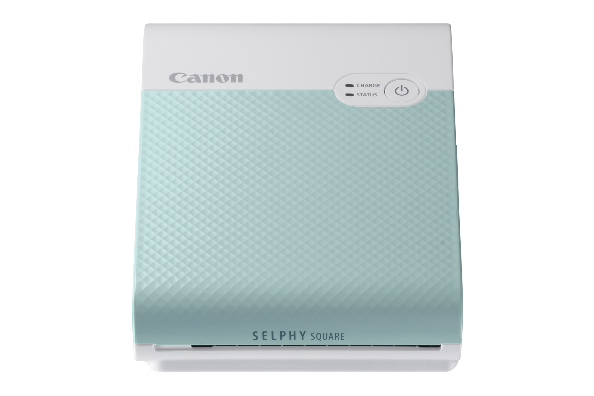 A white and teal Canon Selphy Square photo printer, with a power button and status indicator.