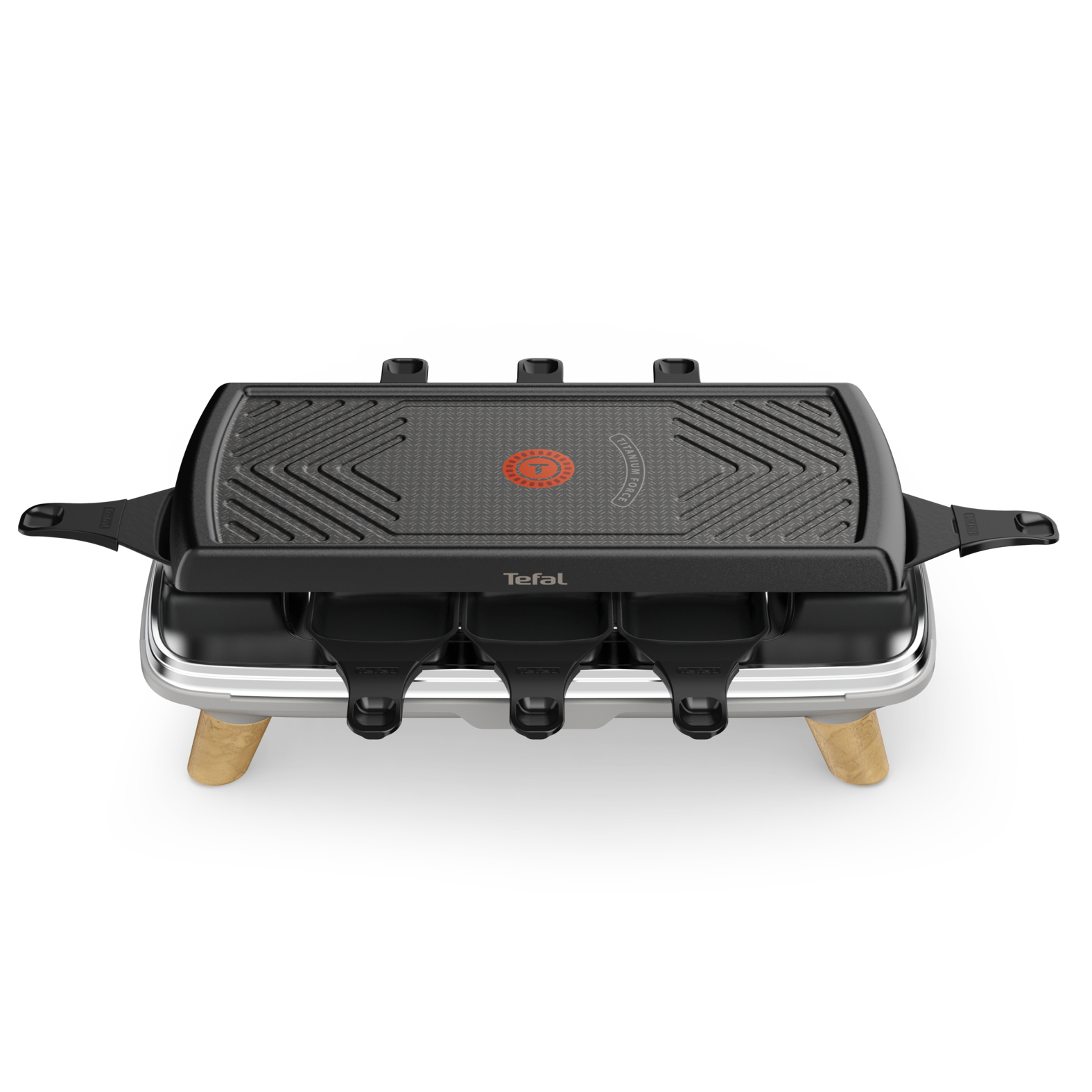 Black raclette grill with wooden legs and a red Tefal logo in the center.