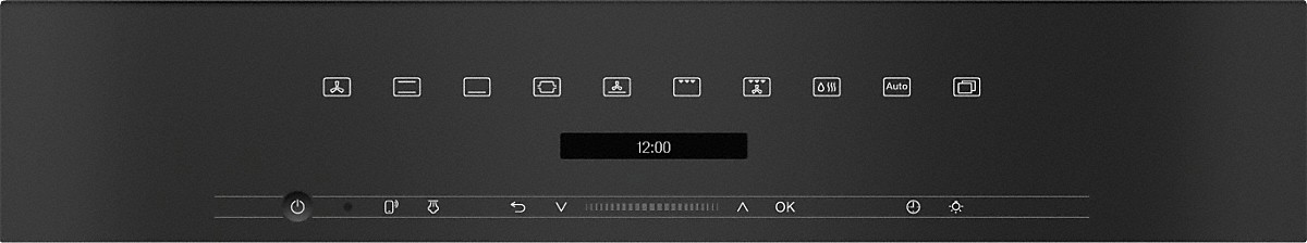 Ein Bedienfeld mit Symbolen und einer Digitalanzeige, schwarzer Hintergrund.