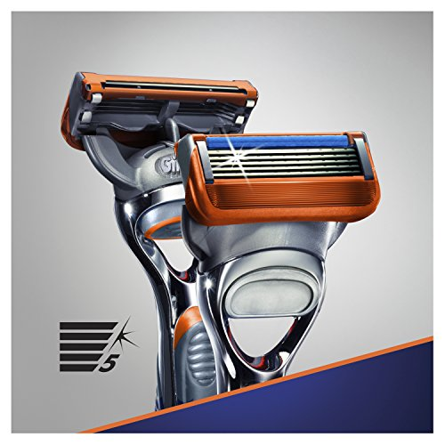 Dos maquinillas de afeitar Gillette, con detalles naranjas y azules, sobre un fondo gris.