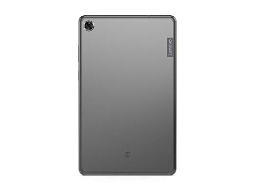 Tableta Lenovo gris, vista trasera, con cámara y logo Dolby.