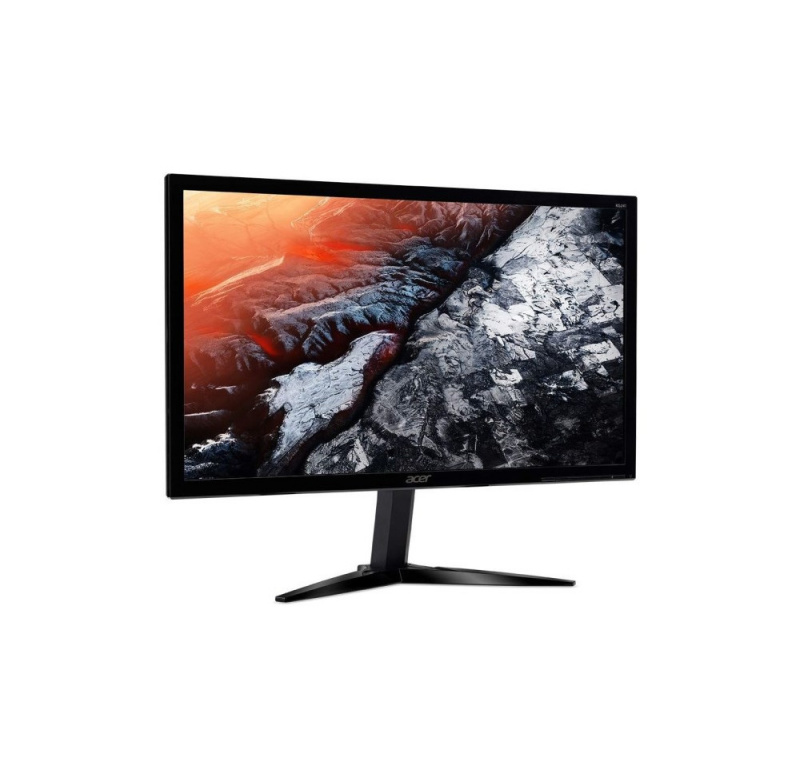 Un monitor Acer negro que muestra un paisaje con formaciones rocosas negras y rojas.