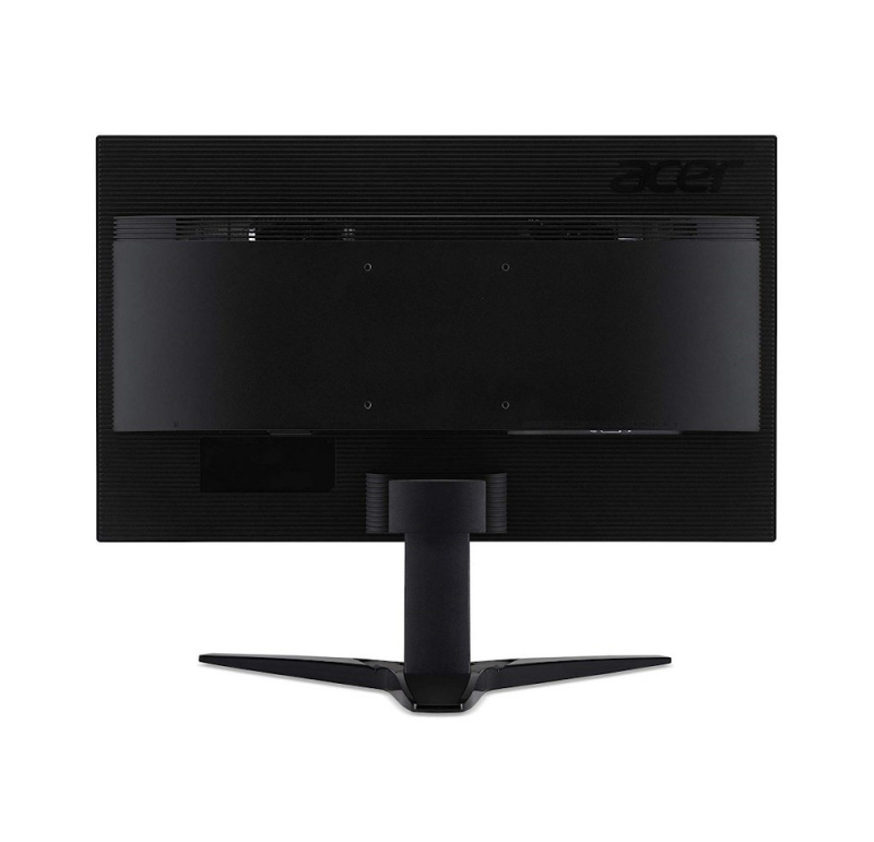 La parte trasera de un monitor Acer negro con soporte sobre fondo blanco.
