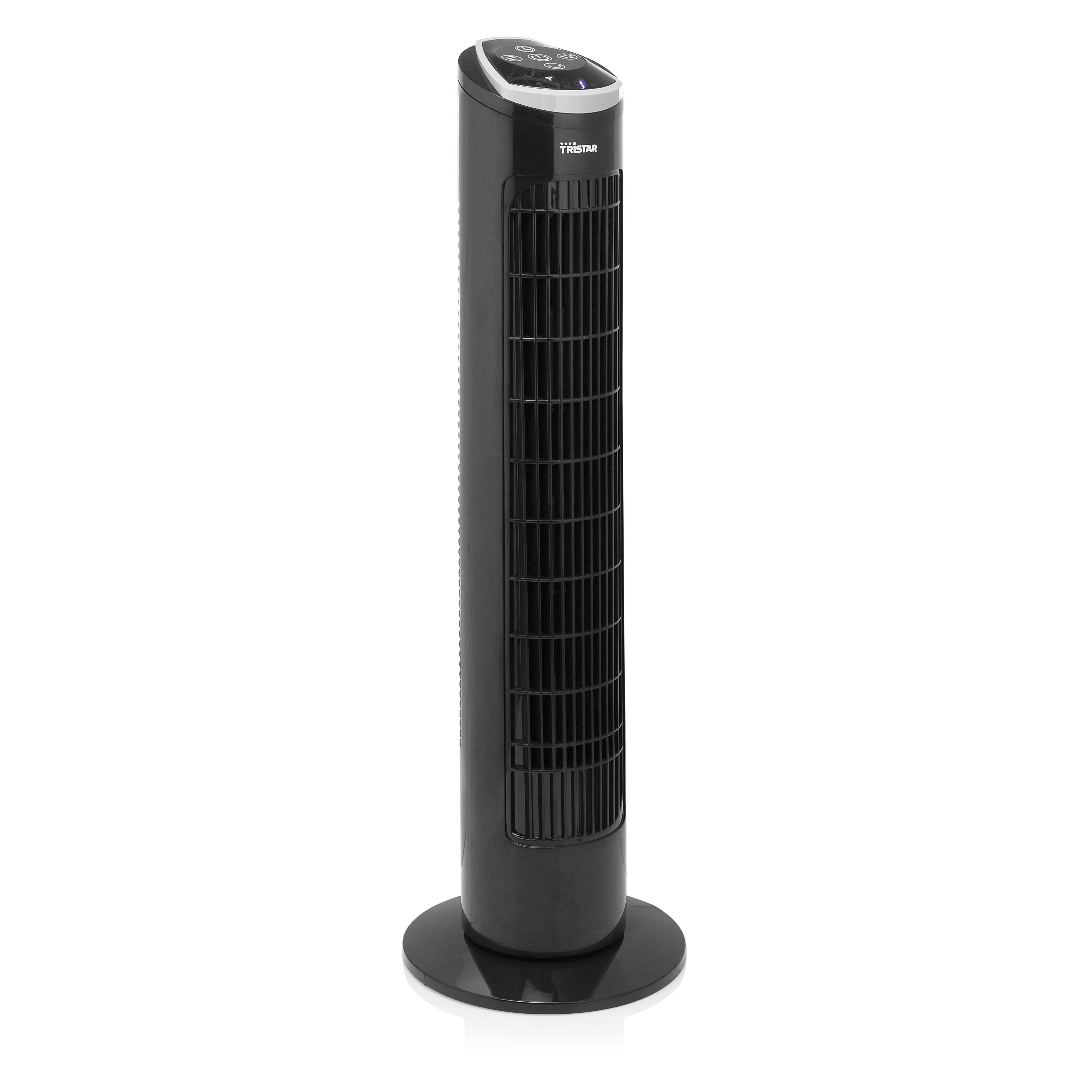 Schwarzer Turmventilator mit rundem Sockel auf weißem Hintergrund.