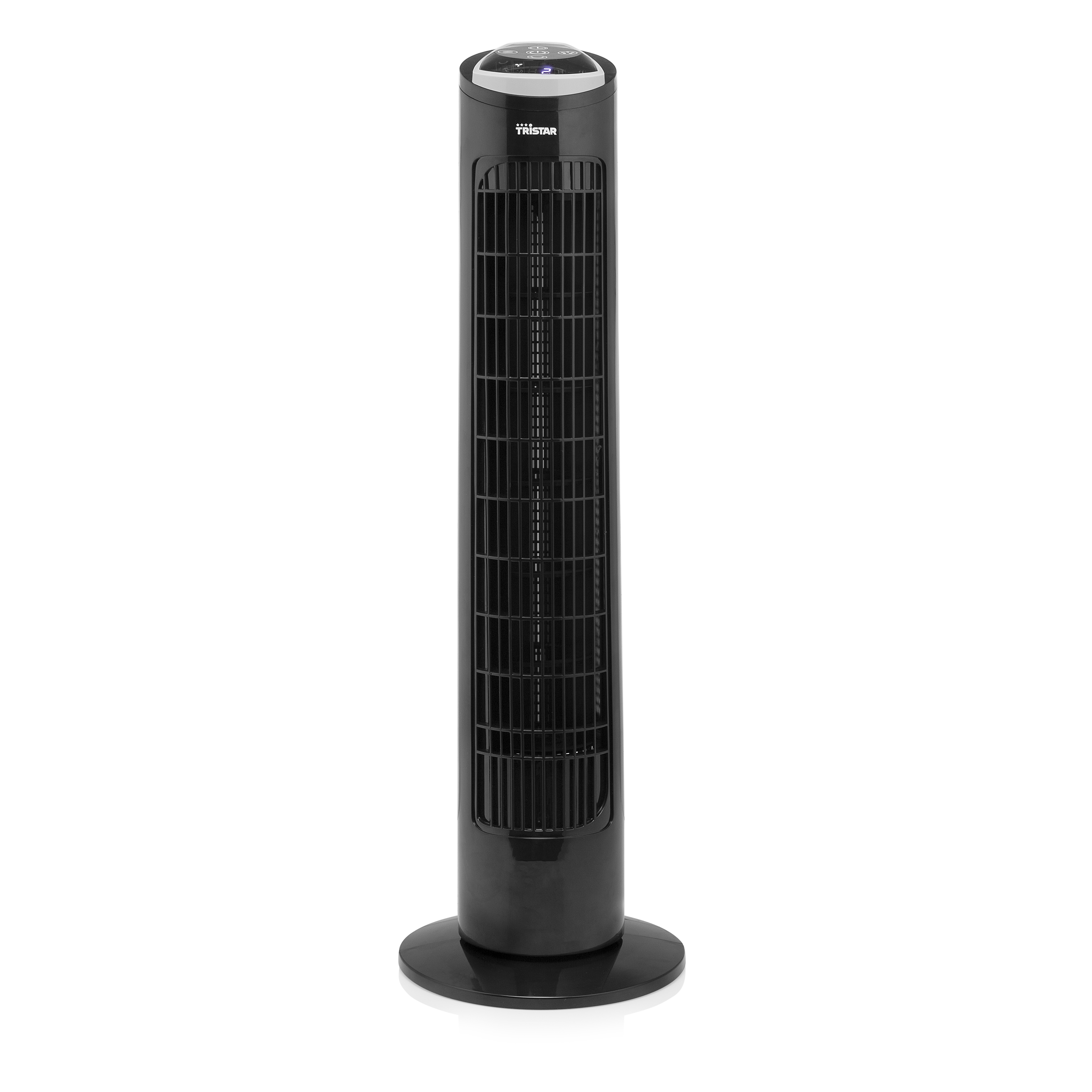 Ein schwarzer Turmventilator mit rundem Sockel und schwarzem Gitter.