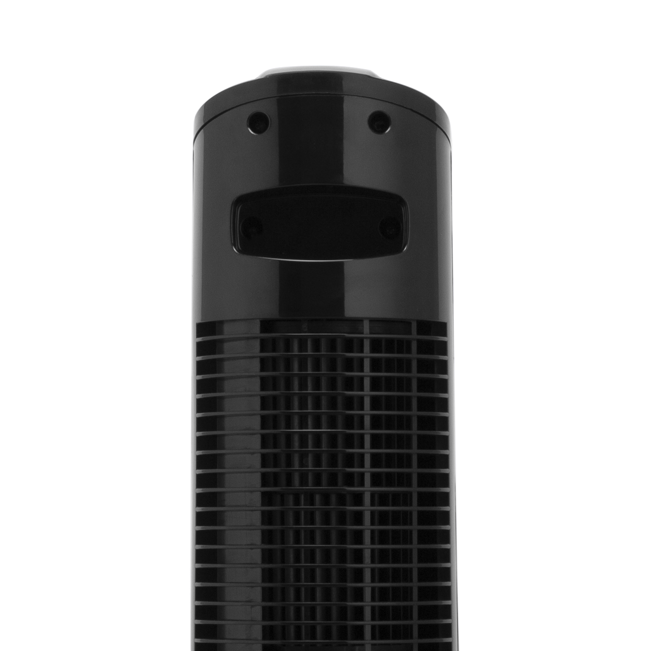 Schwarzer Turmventilator, Nahaufnahme auf weißem Grund, isoliert.