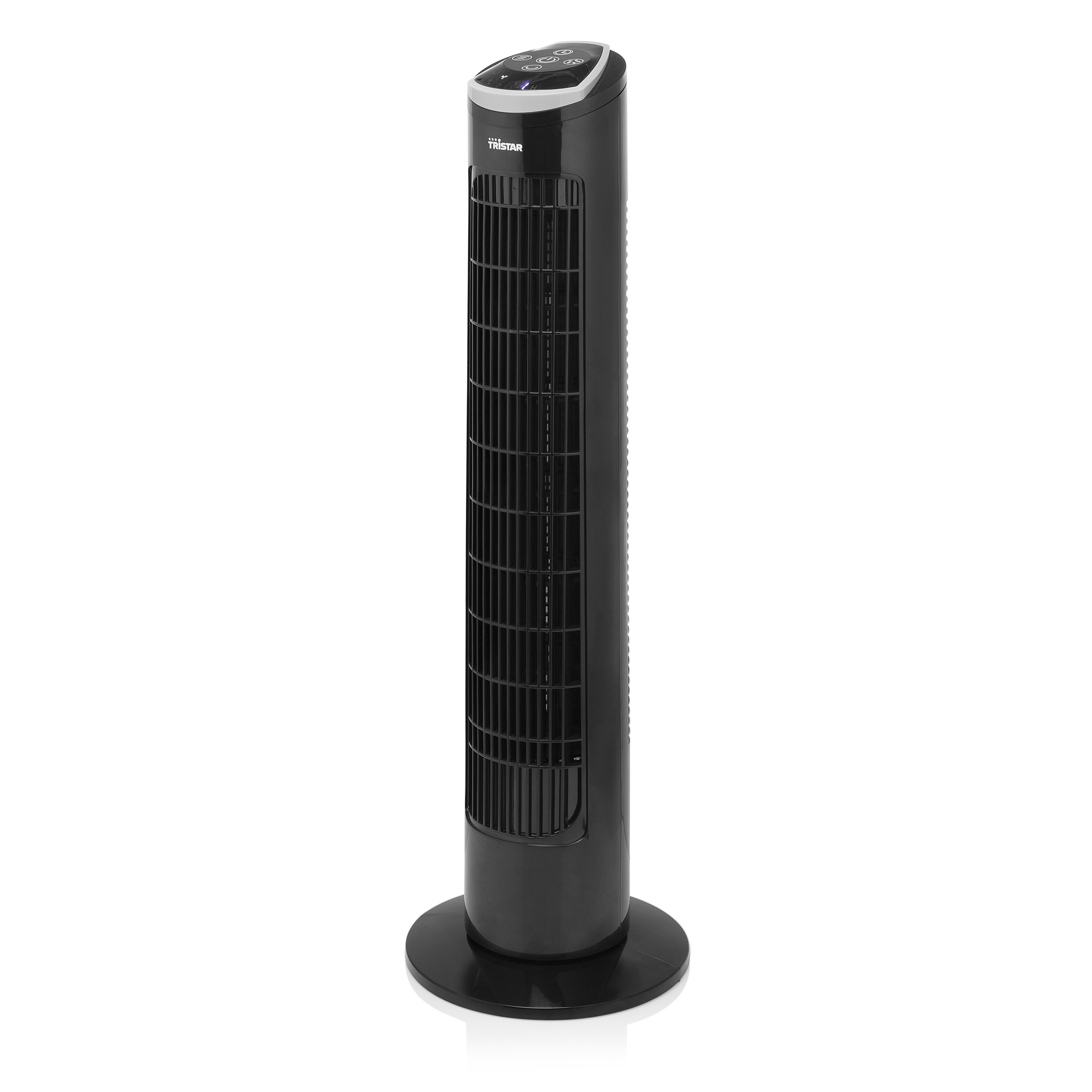 Schwarzer Turmventilator auf weißem Hintergrund.