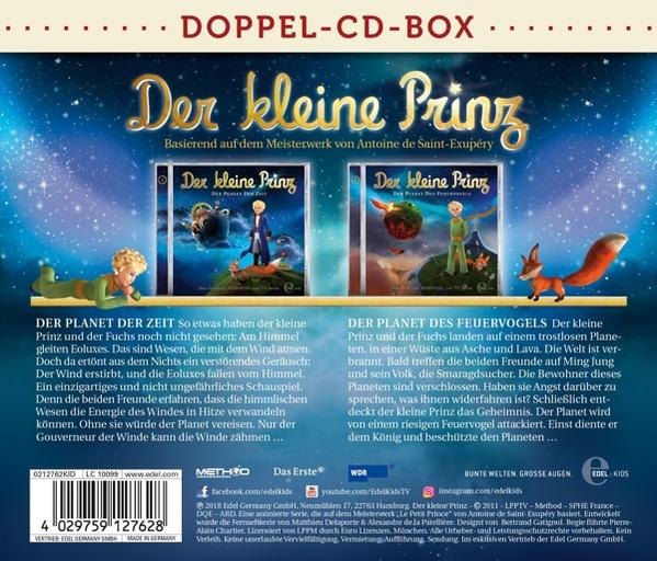 Rückseite der CD-Box 'Der kleine Prinz', mit Text und Bildern des Buches.