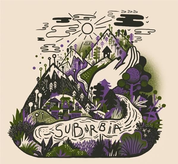Illustratie van een berglandschap met een stad, rivier en zon. Paarse en groene kleuren domineren de scène.
