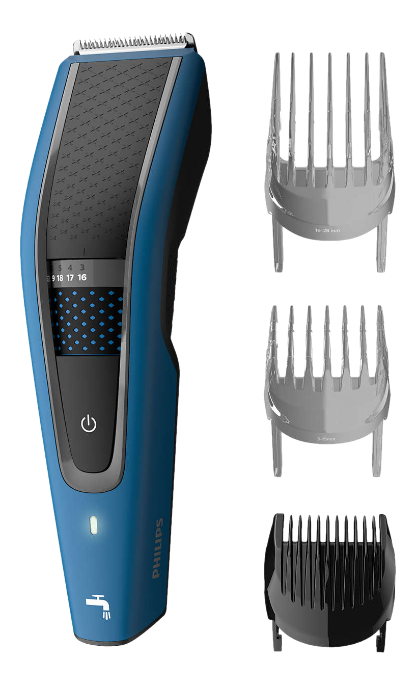 Tondeuse à cheveux électrique : Design bleu et noir avec trois sabots.