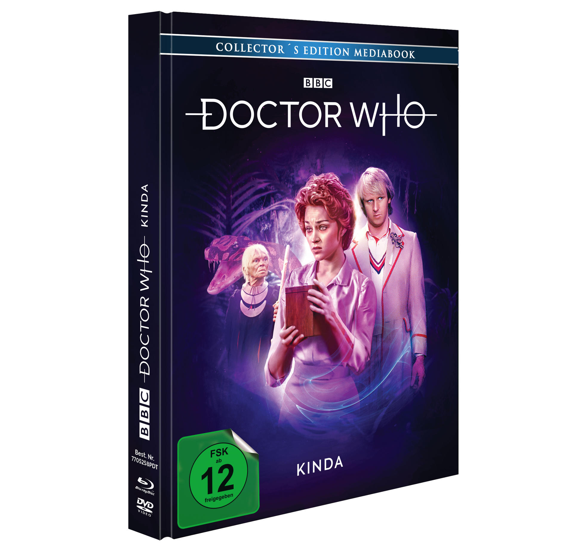 Doctor Who: Kinda DVD-Hülle. Eine Frau, zwei Männer und ein Monster sind in der Szene. Die Hülle ist weiß.