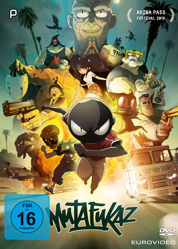 Cartoon-DVD-Cover. Viele Charaktere, ein Auto und Gebäude. Der Titel lautet MutaFukaz, mit FSK 16-Rating.
