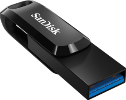 Ein schwarzer USB-Stick mit dem Sandisk-Logo. Der USB-Stick ist auf transparentem Hintergrund.