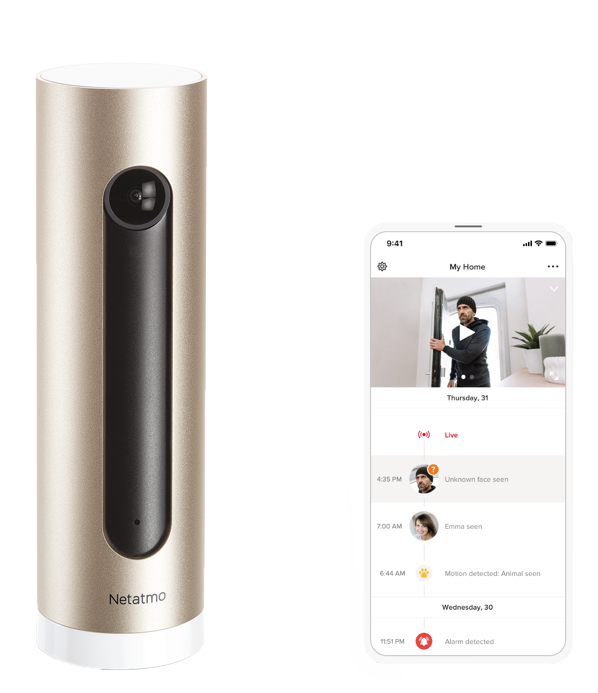 Une caméra de sécurité Netatmo et un téléphone affichant un flux vidéo en direct et un journal d'activité.