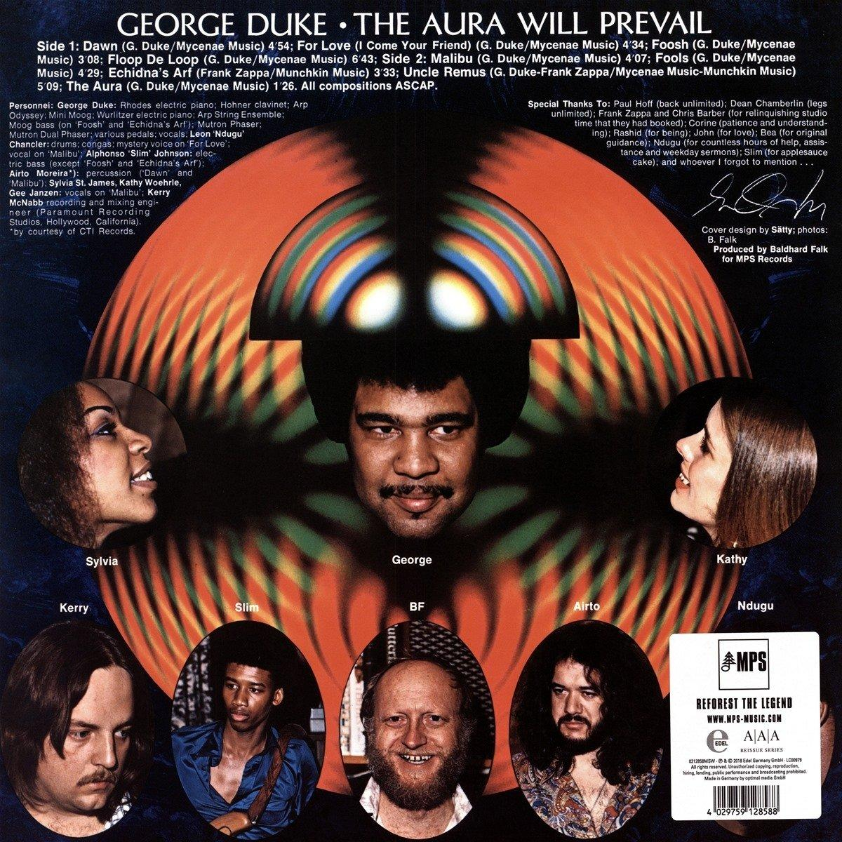 Die Rückseite eines George Duke Albums mit Bildern von Musikern und Text.
