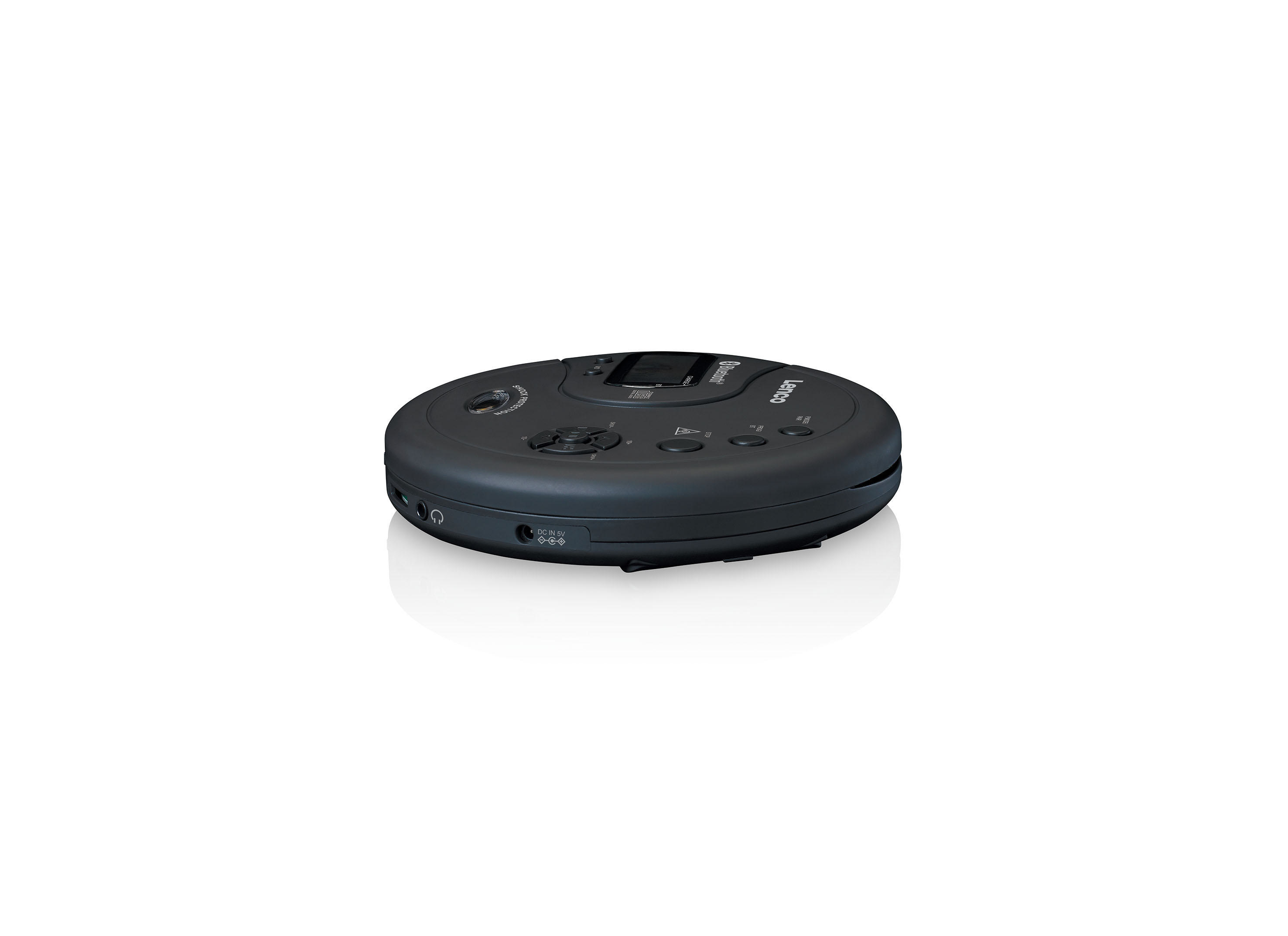 Ein schwarzer tragbarer CD-Player auf einer weißen Oberfläche.