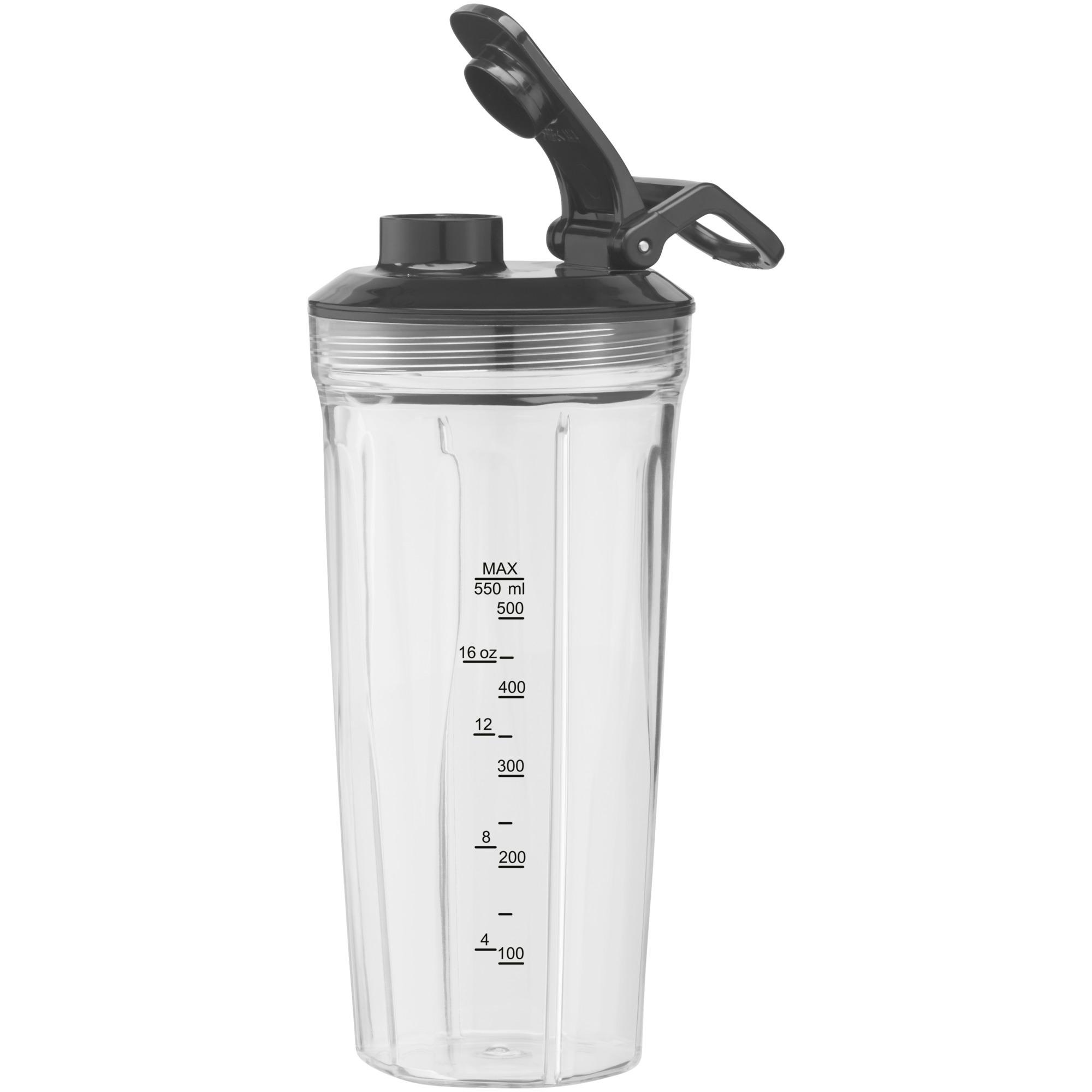 A clear plastic shaker cup with measurements and a black lid and cap, on a white background.