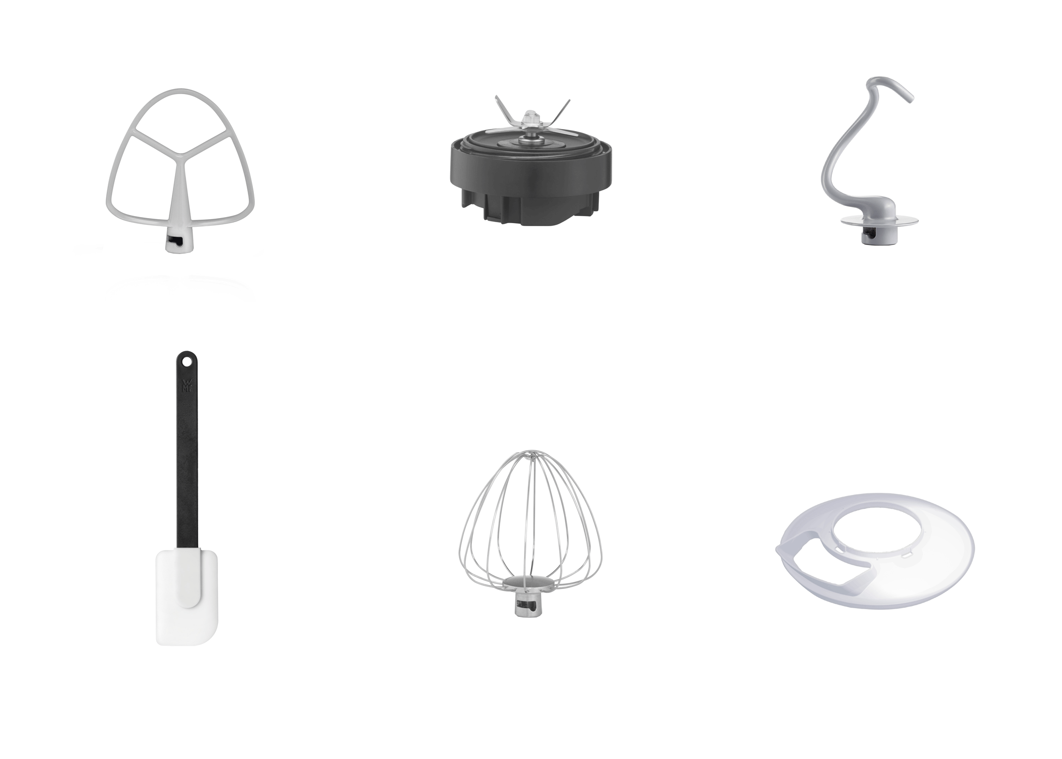 Set of kitchen mixer attachments including a beater and a whisk.