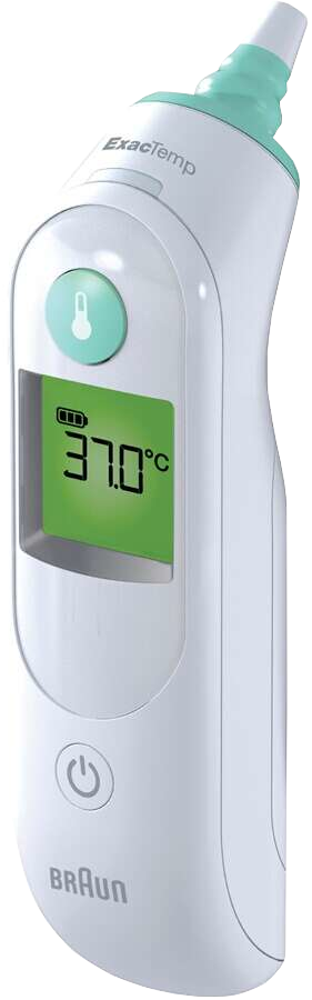 Un thermomètre auriculaire Braun Exactemp blanc avec un affichage numérique vert indiquant 37,0°C.