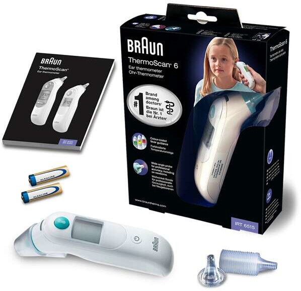 Boîte du thermomètre auriculaire Braun ThermoScan 6 avec accessoires et mode d'emploi.