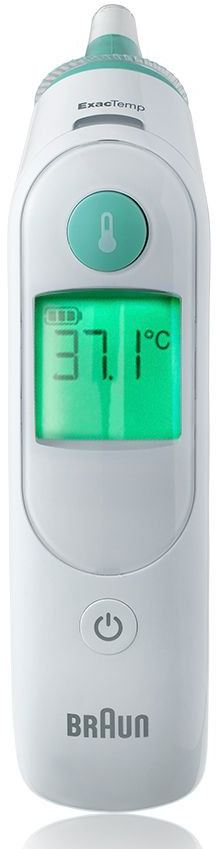 Thermomètre Braun blanc avec affichage vert indiquant 37.1°C et bouton marche/arrêt.