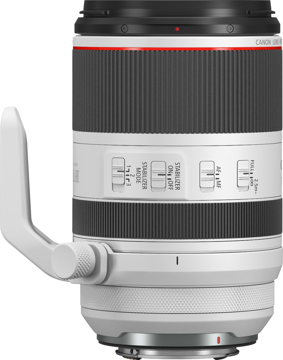 Objectif Canon. Noir et gris avec détails rouges, poignée blanche. Interrupteurs visibles.