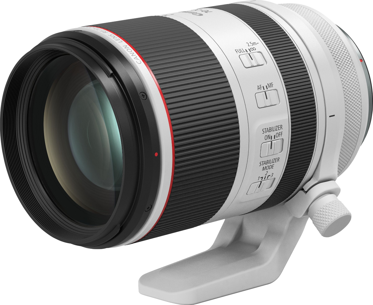 Un objectif d'appareil photo Canon. Il a un design noir et blanc avec des boutons et une bague de mise au point.