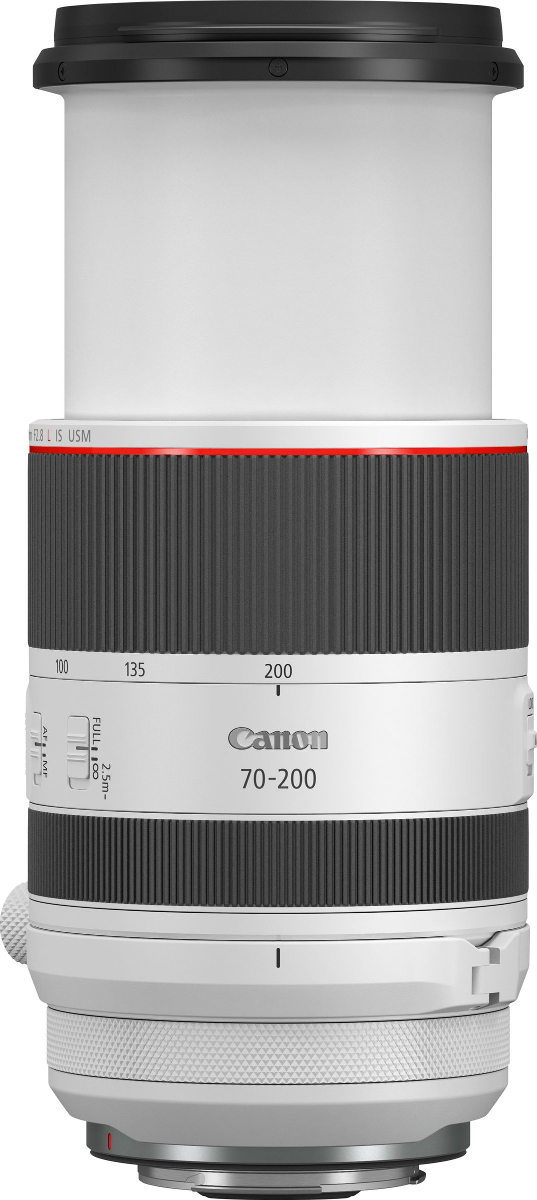 Un objectif d'appareil photo Canon en blanc et noir. Le côté montre les paramètres de mise au point et de zoom.