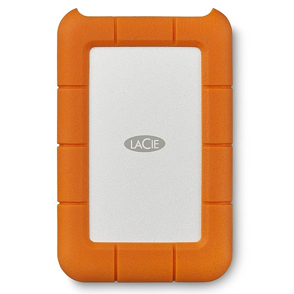 Disco duro externo LaCie naranja con centro blanco. La unidad tiene un diseño robusto.