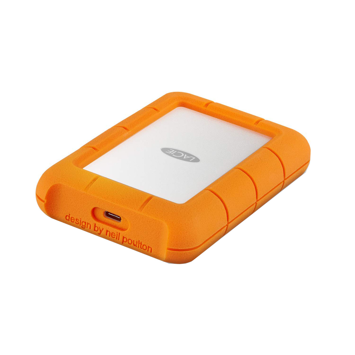 Disco duro externo naranja y resistente con superficie superior blanca, mostrando la marca 'LACIE'.