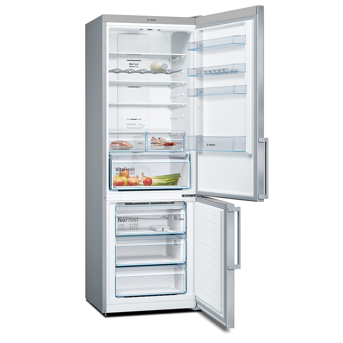 Refrigerador abierto, mostrando estantes, cajones y artículos.