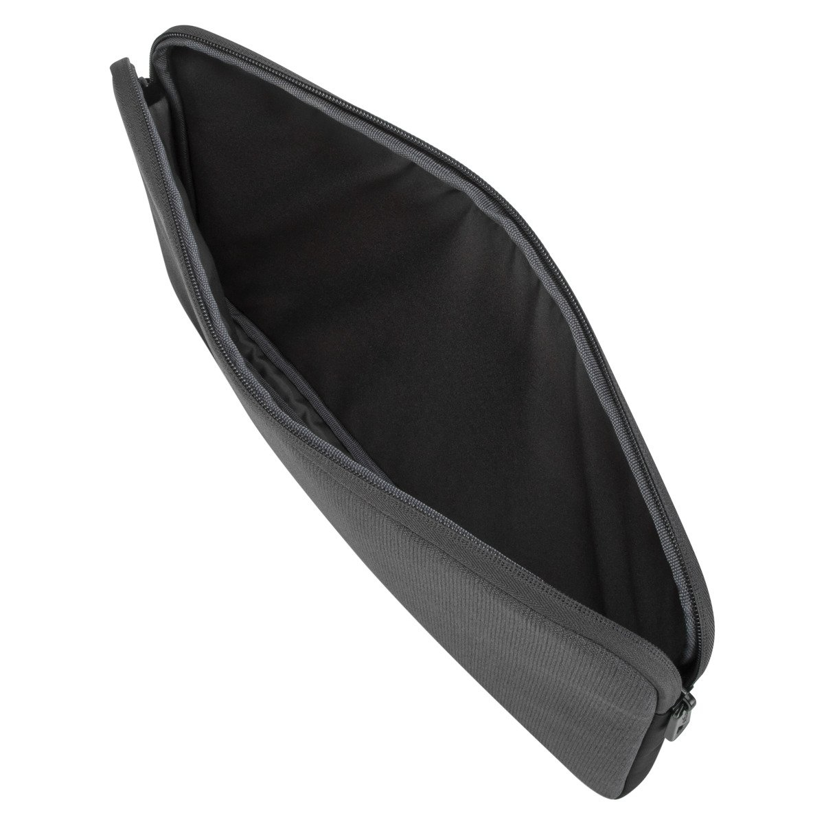 Una funda para portátil negra abierta, con cremallera y bolsillo.