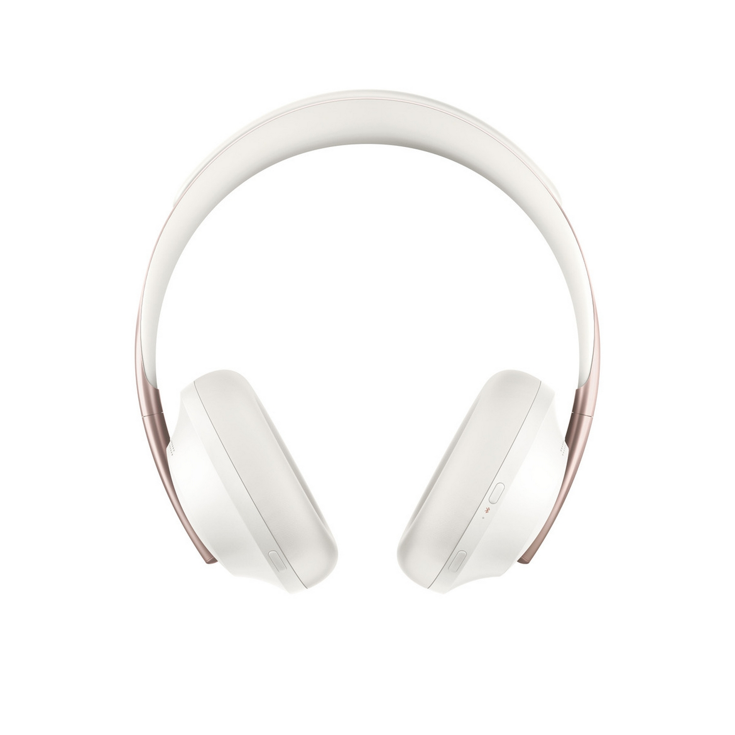 Auriculares blancos con detalles en oro rosa, vista superior.