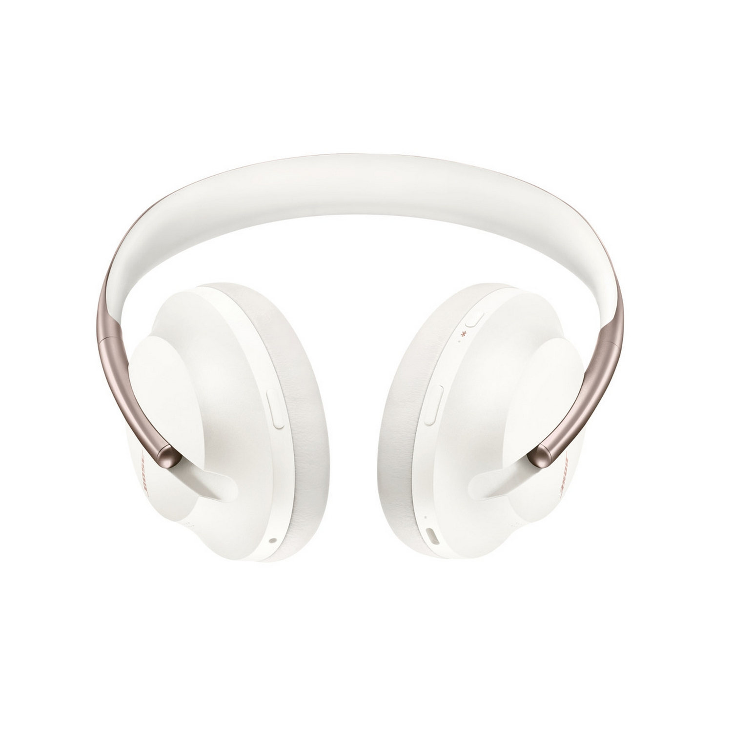 Auriculares blancos con detalles en oro rosa, sobre un fondo blanco.