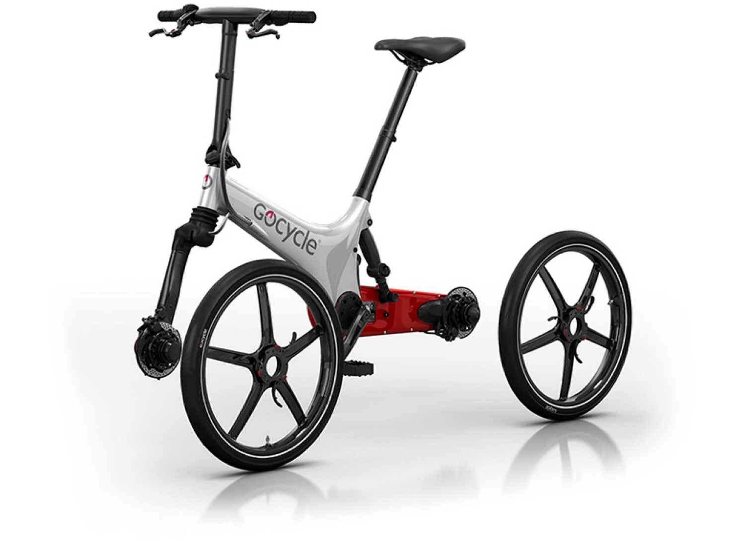 Bicicleta GoCycle blanca y roja, fondo blanco.