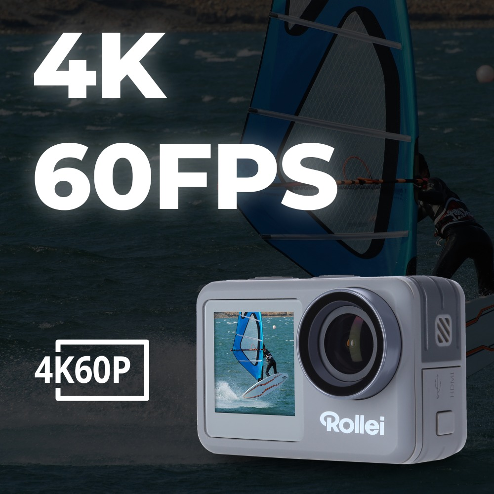 Fehér akciókamera '4K 60FPS' felirattal, és egy szörföző a háttérben.