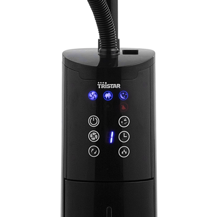 Black Tristar fan control panel. It has several buttons with different symbols and a digital display showing "1".