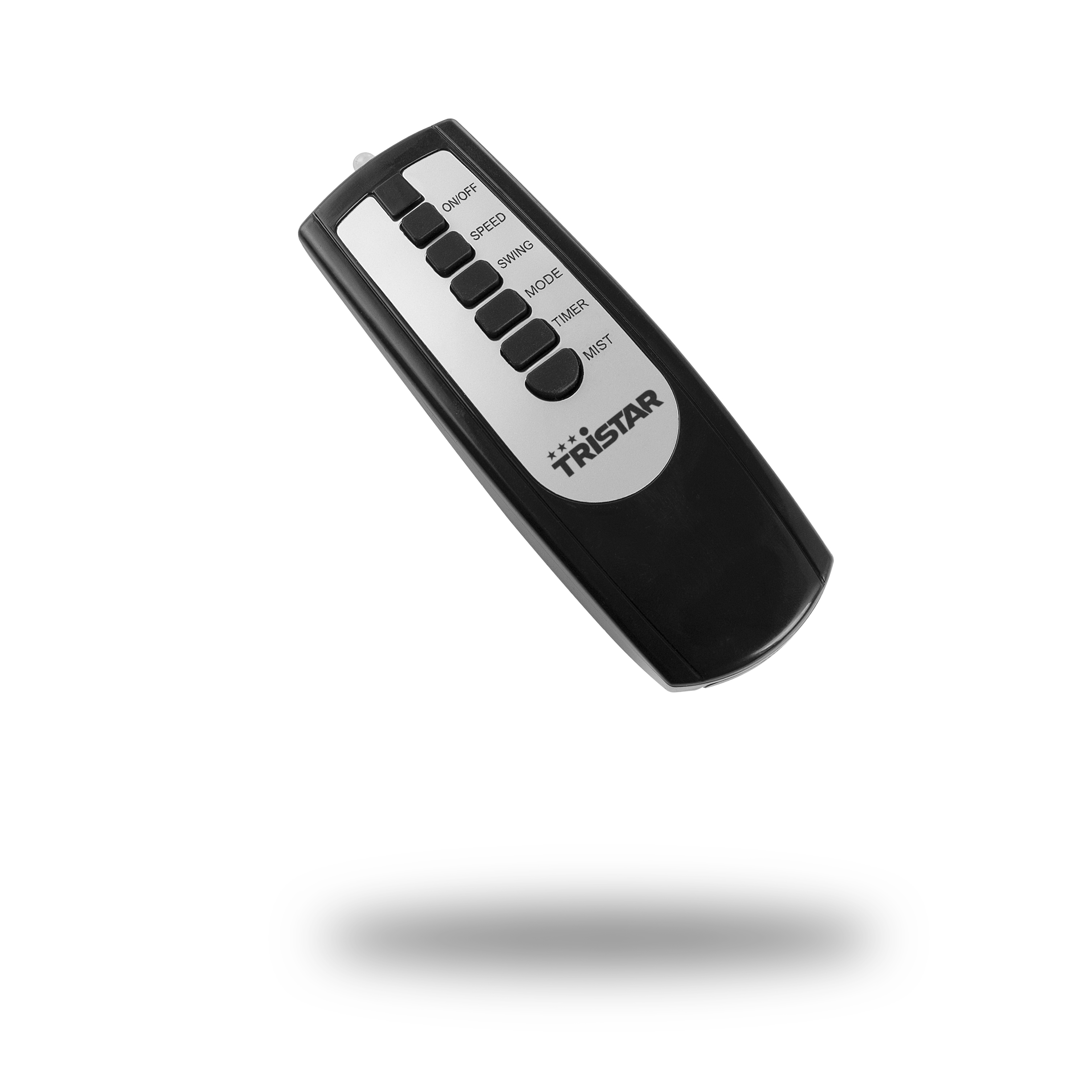 A black remote control with silver buttons, labeled ON/OFF, SPEED, SWING, MODE, TIMER, MIST. The Tristar logo is visible.