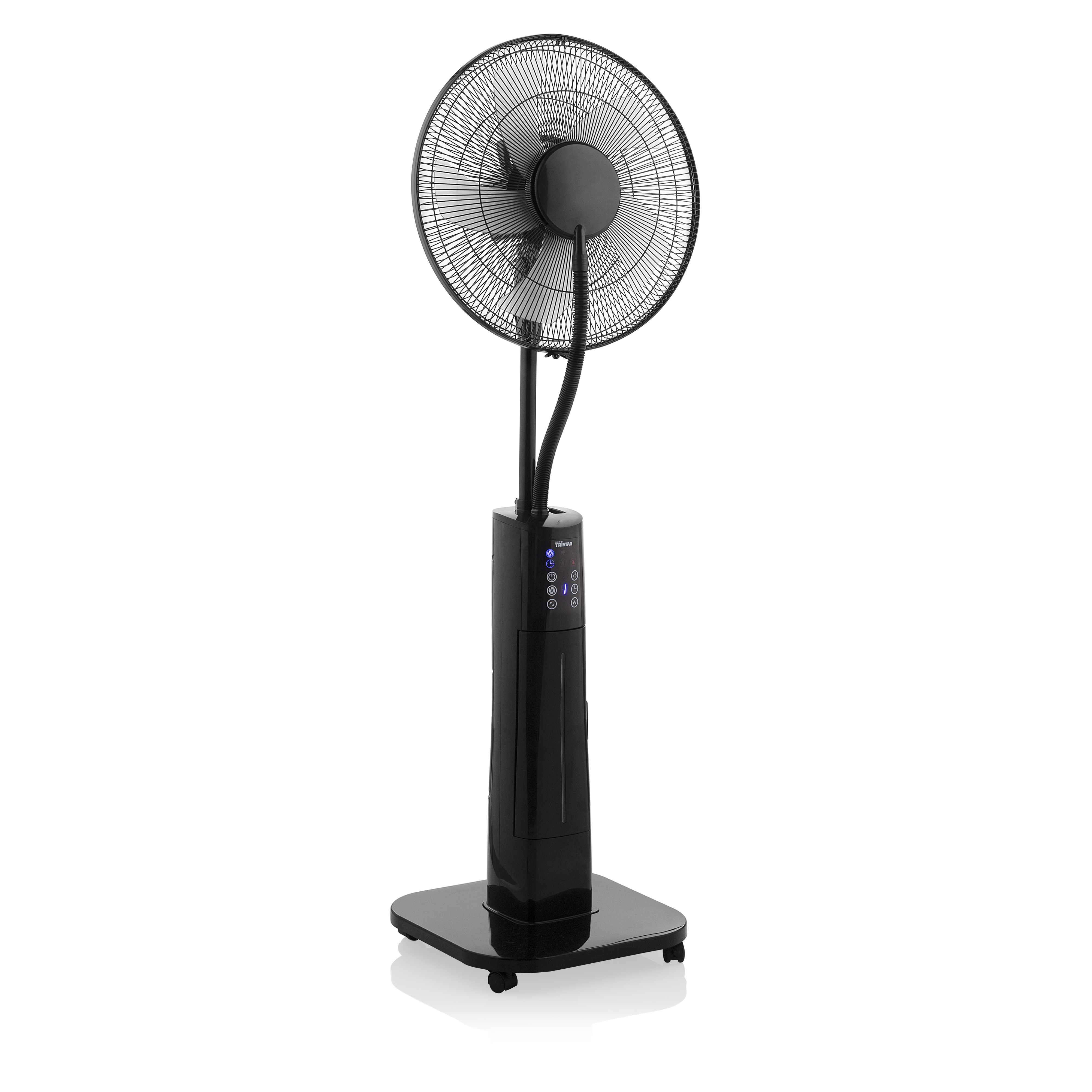 A black standing fan on a white background. It has a round fan head and a digital control panel.