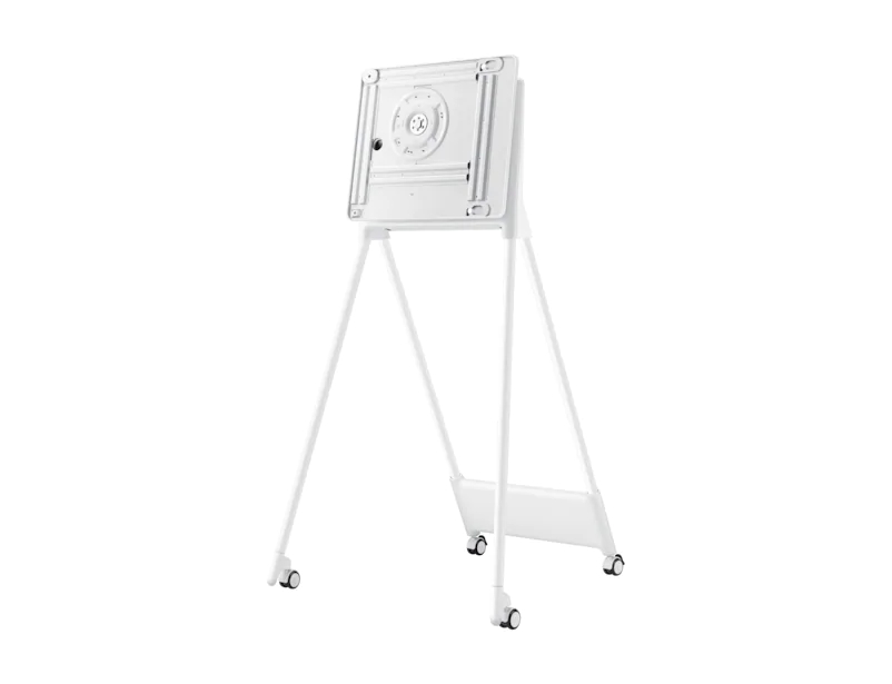 Weißer Ständer für einen Fernseher. Es hat eine rechteckige Basis, eine zentrale Stütze und Räder zur Bewegung.