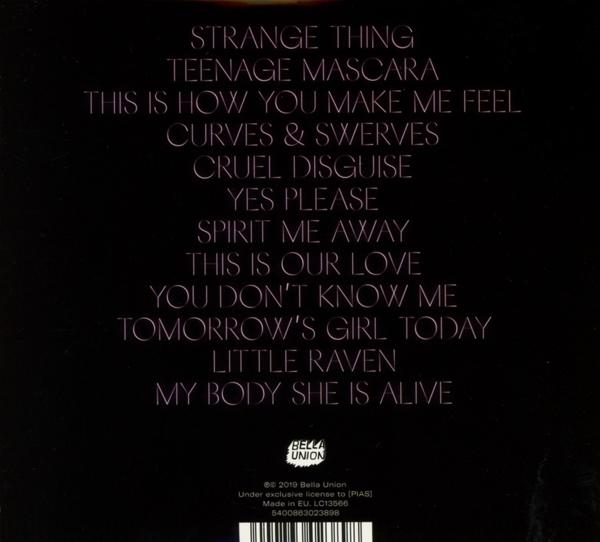 La pochette arrière d'un album avec une liste de chansons sur fond violet foncé.
