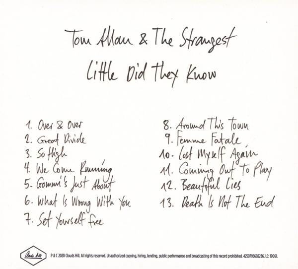 CD-Cover: Tom Allan & The Strangest, Little Did They Know, Titelliste, handschriftlicher Stil.