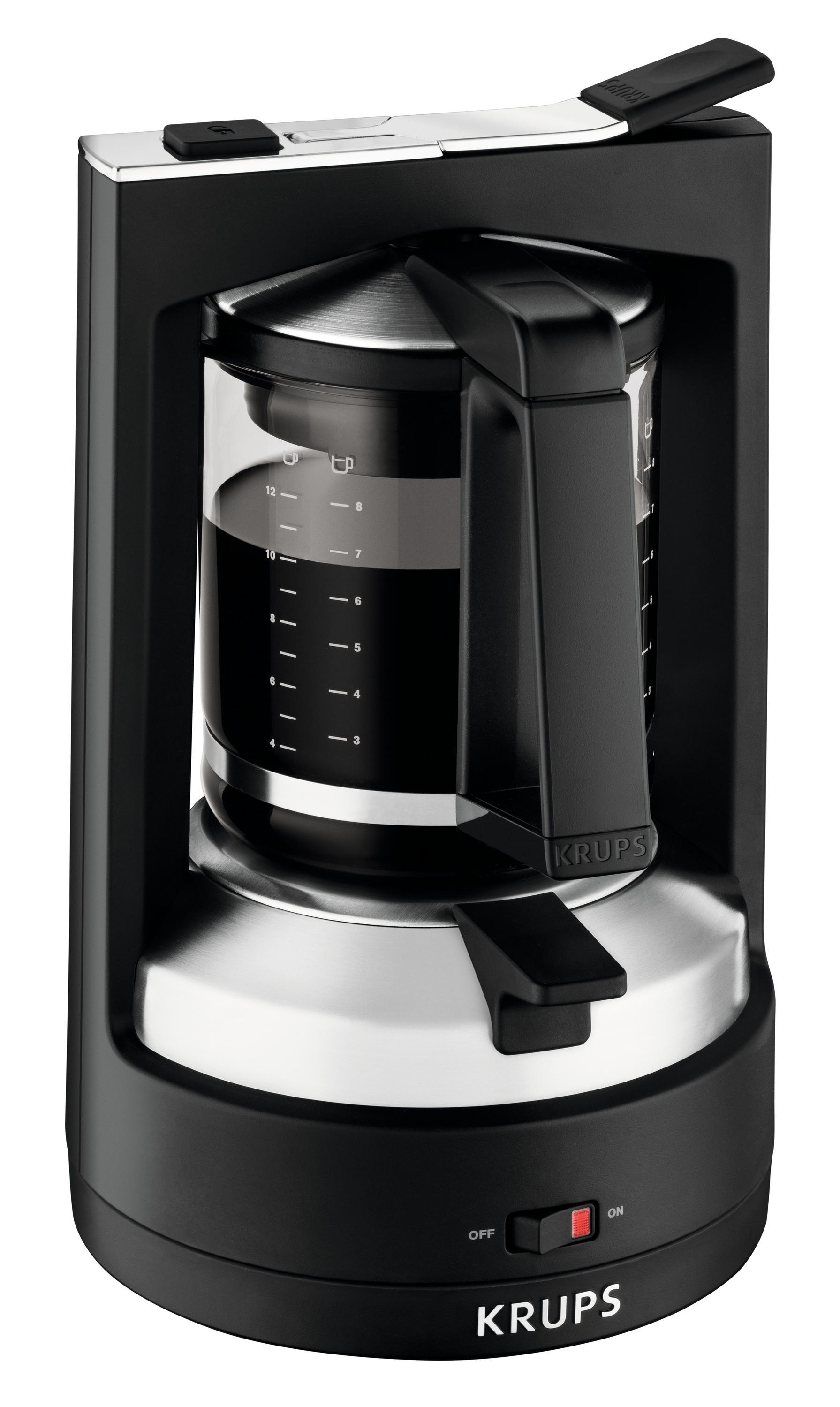 Schwarze Krups Kaffeemaschine mit Glaskanne und Ein-/Ausschalter unten.