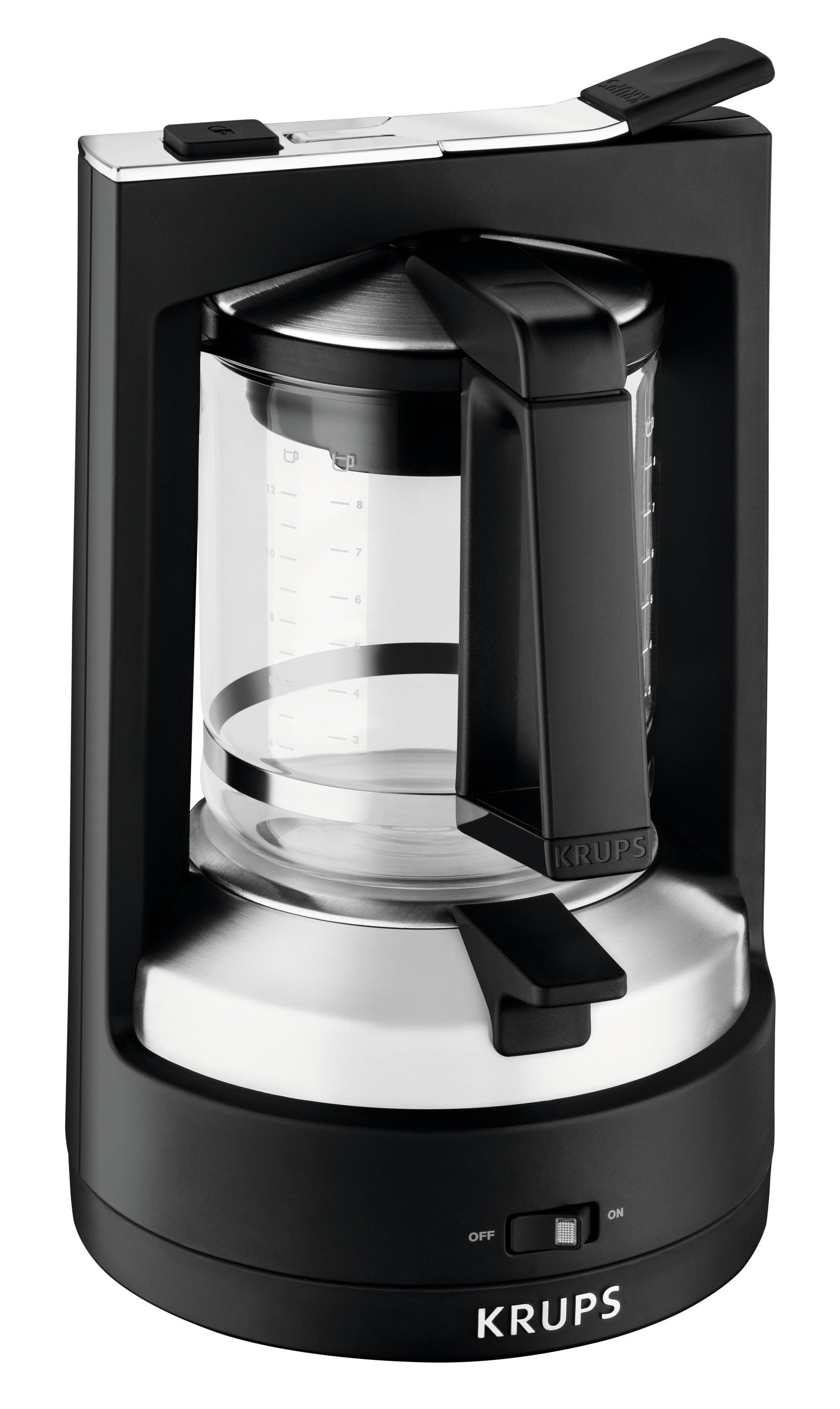 Schwarz-silberne Kaffeemaschine mit Glaskaraffe. Der Ein-/Ausschalter ist sichtbar.