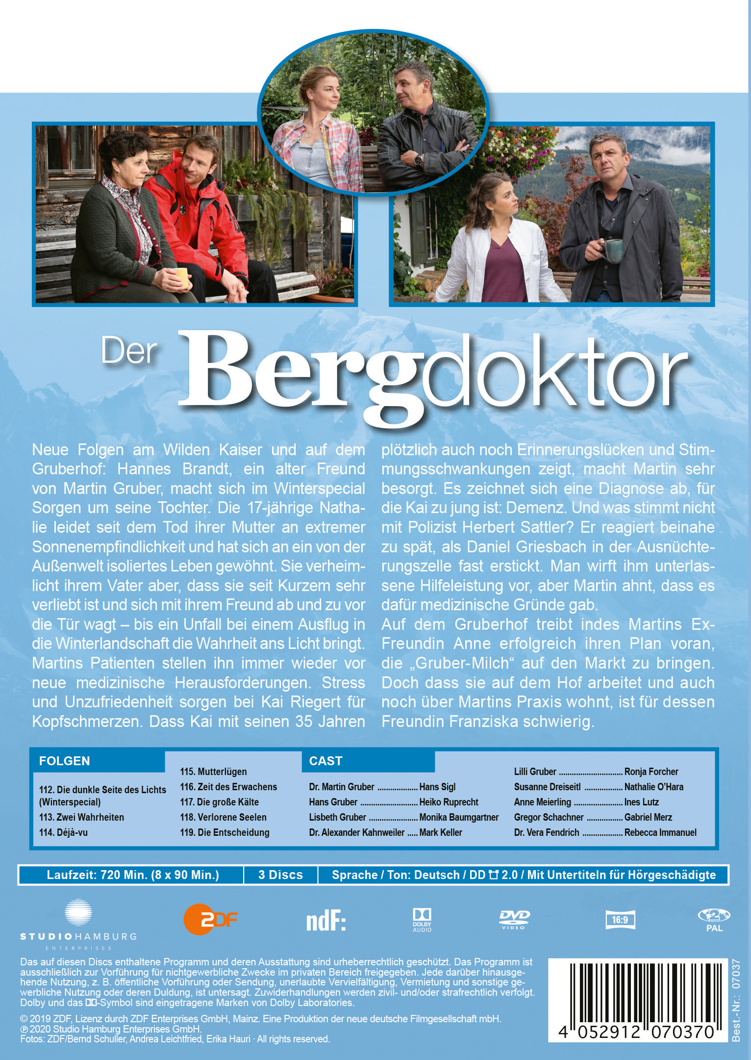 DVD-Cover von 'Der Bergdoktor' mit Schauspielern in einer verschneiten Szene.